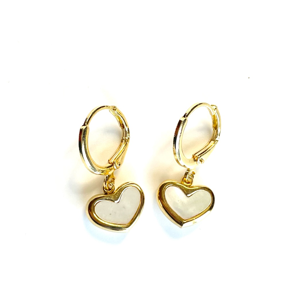 Gold Heart Earrings White Alabaster Huggies Hoops Dainty Minimal 1”
